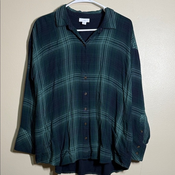 J. Jill Tops - J. Jill Blue Green Plaid Button Tunic Top Shirt Soft Cozy Lined Pockets PM